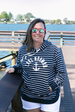 Load image into Gallery viewer, Ladies Lightweight Navy Stripe Lake Norman Anchor Hoodie Sweatshirt